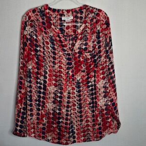 Liz Claiborne Woman 2X Red Navy Dot Print Blouse Tomato Girl Long Sleeve